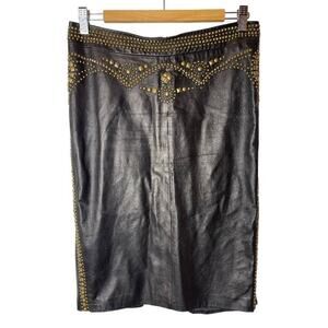 Roberto Cavalli Brown Leather With Gold Studs Straight Skirt Women's Size 42/6